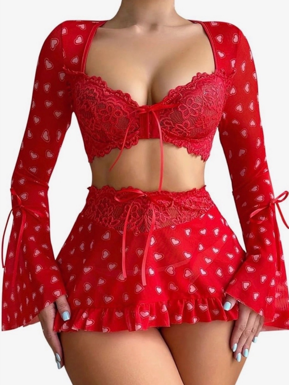Red Lace Heart-Print Bralette & Skirt Lingerie Set. Size M